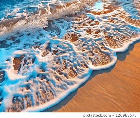 Aerial view of waves crashing on a sandy beach, showcasing the vibrant blues of the ocean meeting the golden shore. 126965573