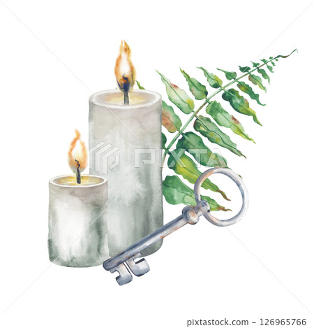 Watercolor composition with burning candles, a fern and a rusty iron key. Mystical illustration on a white background. Isolated. For Halloween or fabulous design. 126965766