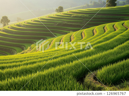 Lush green rice terraces bathed in the warm light of dawn or dusk, showcasing the breathtaking beauty and agricultural ingenuity of Southeast Asia's mountainous landscapes 126965767