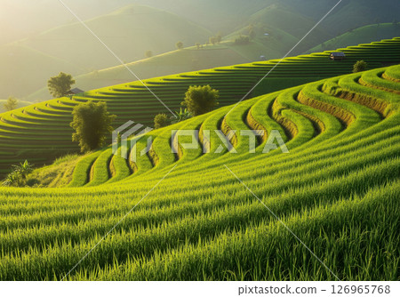 Lush green rice terraces bathed in the warm light of dawn or dusk, showcasing the breathtaking beauty and agricultural ingenuity of Southeast Asia's mountainous landscapes 126965768