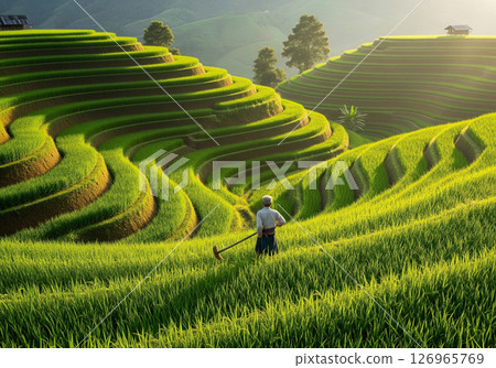 Lush green rice terraces bathed in the warm light of dawn or dusk, showcasing the breathtaking beauty and agricultural ingenuity of Southeast Asia's mountainous landscapes 126965769