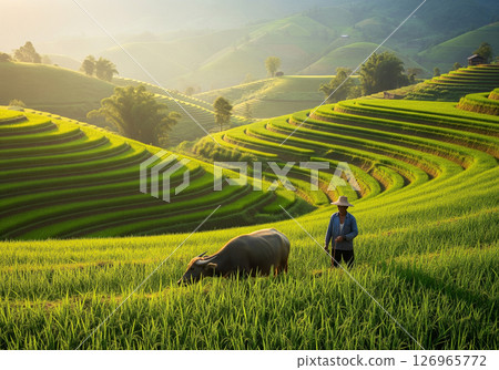 Lush green rice terraces bathed in the warm light of dawn or dusk, showcasing the breathtaking beauty and agricultural ingenuity of Southeast Asia's mountainous landscapes Lush green rice terraces bathed in the warm light of dawn or dusk, showcasing the breathtaking beauty and agricultural ingenuity of Southeast Asia's mountainous landscapes 126965772