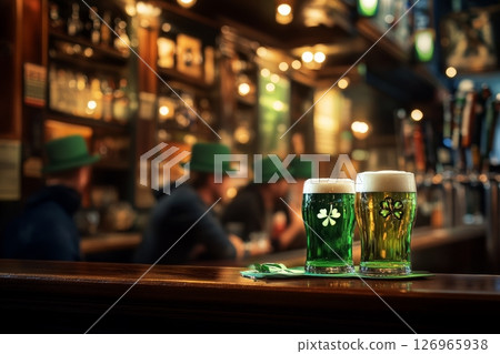 Green Drinks Celebrate St Patricks Day in Lively Pub Filled With Festive Decorations and Joyful Patrons. 126965938