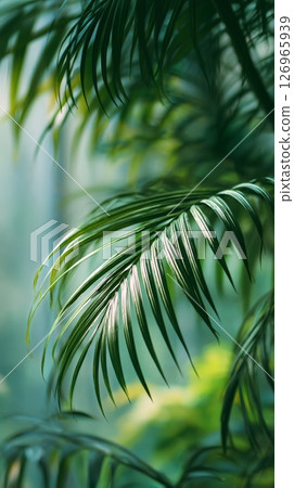 Green Palm Leaves Gently Swaying in the Warm Sunlight of a Tropical Garden 126965939