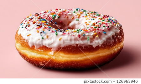 Delicious Donut With Pink Icing and Colorful Sprinkles on a Soft Pink Background. 126965940