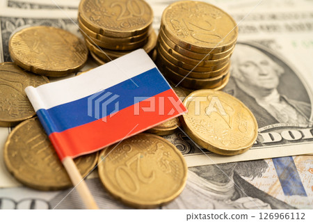 Russia flag on coin and banknote money, finance trading investment business currency. 126966112