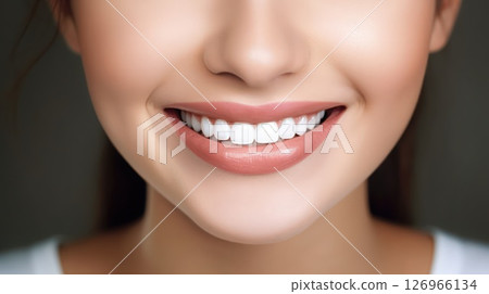 Bright white smile close-up showing healthy teeth and soft lips, ideal for dental care, beauty ads, or wellness-focused promotional design 126966134