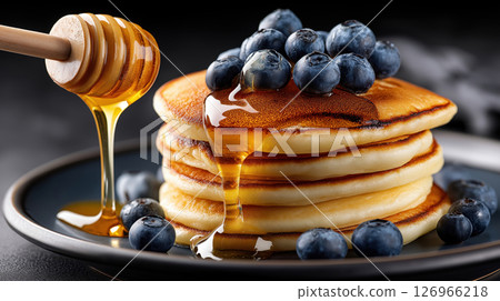 Stack of pancakes with blueberries and honey dripping from a dipper 126966218