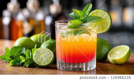 Colorful citrus cocktail with lime and mint served on wooden bar counter 126966226