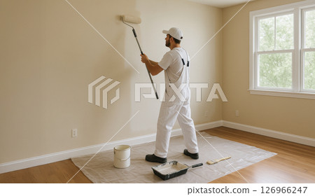 Man Painting Interior Wall with Roller in Bright Empty Room 126966247
