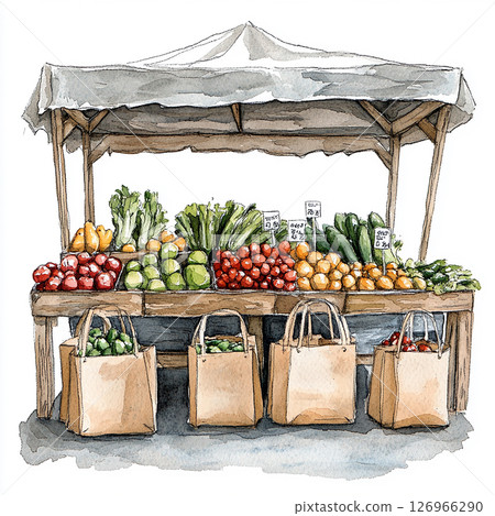 Colorful vegetable stall displays fresh produce in a market setting during daylight hours 126966290