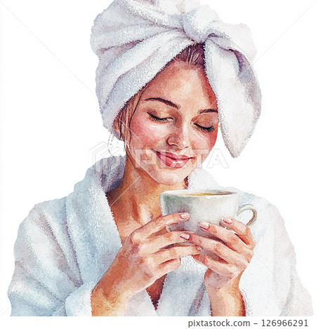 Woman enjoying a warm drink while wearing a bathrobe and a towel on her head in a cozy setting Woman enjoying a warm drink while wearing a bathrobe and a towel on her head in a cozy setting 126966291