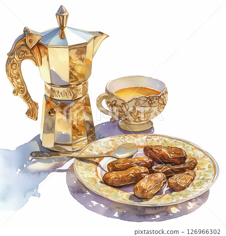 Traditional coffee and dates served on decorative plate with elegant cup at cozy setting during afternoon tea time Traditional coffee and dates served on decorative plate with elegant cup at cozy setting during afternoon tea time 126966302