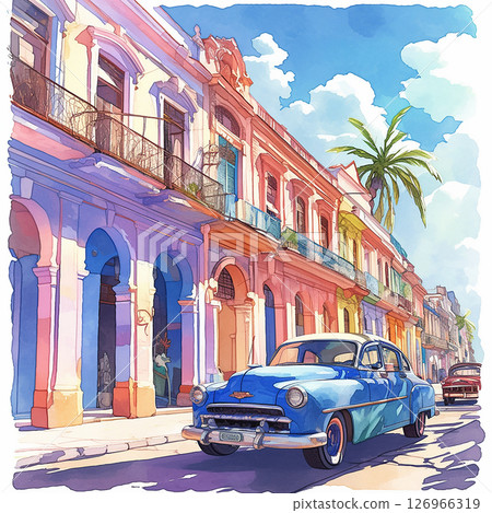 Classic car drives through colorful streets of Havana with colonial architecture and palm trees in daylight 126966319