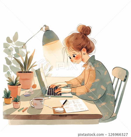 Cozy indoor workspace with a woman typing on a laptop surrounded by plants and a warm lamp 126966327