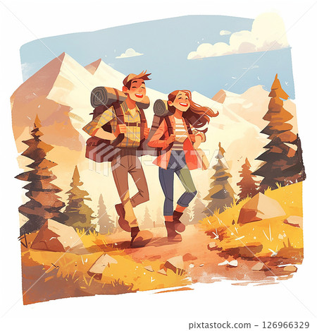 Happy hikers enjoy a scenic trail in the mountains on a sunny day Happy hikers enjoy a scenic trail in the mountains on a sunny day 126966329