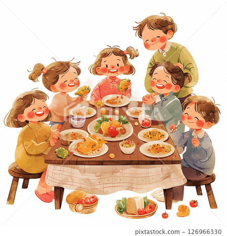 Children enjoy a lively meal together at a cozy table filled with delicious food during a joyful gathering Children enjoy a lively meal together at a cozy table filled with delicious food during a joyful gathering 126966330