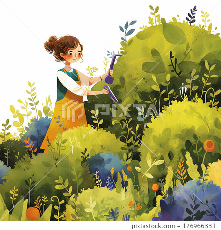 Girl tending to lush garden with vibrant greenery during a sunny day Girl tending to lush garden with vibrant greenery during a sunny day 126966331