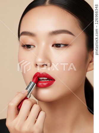 Close-up of a woman applying vibrant red lipstick, highlighting her perfectly defined lips and the allure of classic beauty makeup 126966348