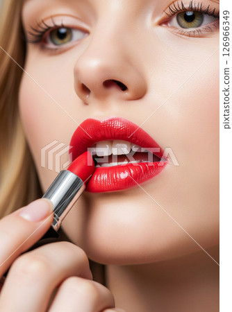 Close-up of a woman applying vibrant red lipstick, highlighting her perfectly defined lips and the allure of classic beauty makeup 126966349
