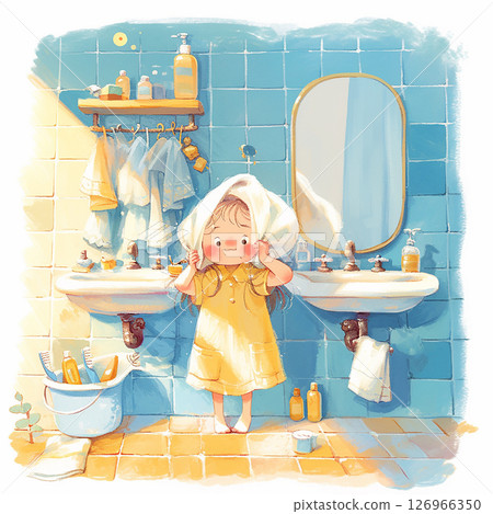 Little girl enjoying bath time in a bright and cheerful bathroom setting 126966350