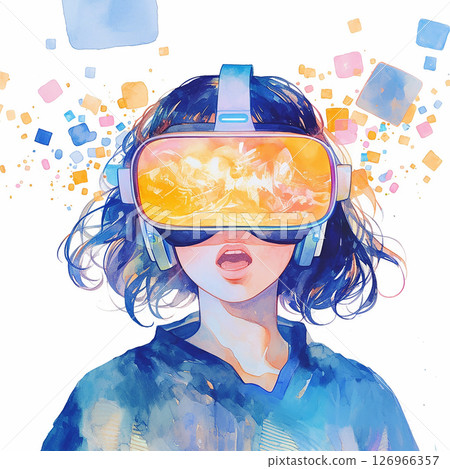 Young person experiences virtual reality in a vibrant and colorful digital landscape 126966357
