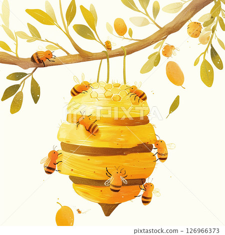 Bees gather around a vibrant hive on a branch in a sunny orchard during springtime 126966373