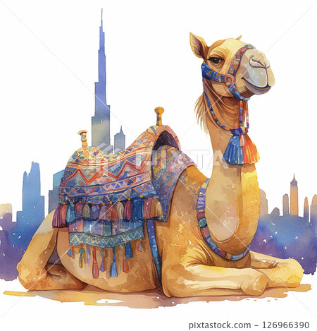 Camel rests calmly in front of a modern skyline showcasing a blend of tradition and urban life at sunset Camel rests calmly in front of a modern skyline showcasing a blend of tradition and urban life at sunset 126966390