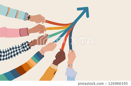 Diverse hands pulling together colorful arrows forming an upward arrow symbolizing growth and unity Diverse hands pulling together colorful arrows forming an upward arrow symbolizing growth and unity 126966395