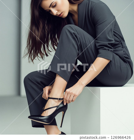 a woman putting on shoes in a dressing room 126966426