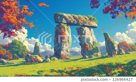 Autumn leaves and huge rocks landscape, anime style 126966427