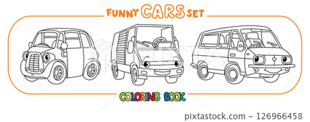 Funny vintage cars with eyes. Coloring book set 126966458