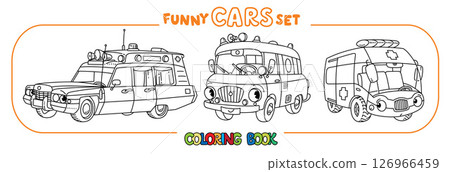 Funny ambulance cars with eyes. Coloring book set 126966459