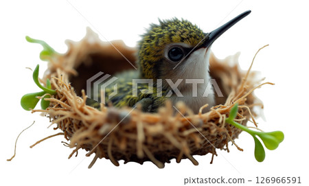 Nestled in a tiny nest woven from spider silk, a nearly bare-skinned hummingbird chick with tiny, tightly folded wings rests peacefully. Its vibrant plumage hints at the beauty to come. 126966591