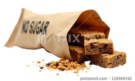 Kraft paper pouch displays several crunchy granola bars with a clear label indicating no sugar. Ideal for health-conscious snackers looking for guilt-free treats. 126966592