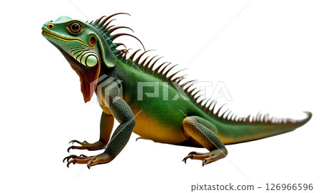 This stoic iguana stands in side profile, exhibiting a spiked ridge along its back. Its textured green skin features vibrant splashes of orange, emphasizing its unique appearance. 126966596