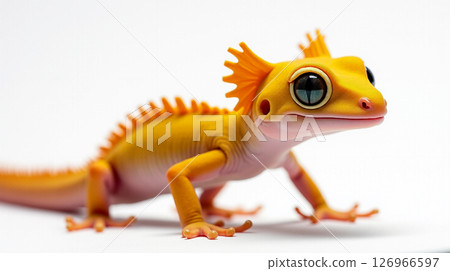 A vivid crested gecko displays its large golden eyes and fringed crests. This reptile moves gracefully on a surface, revealing its vibrant coloration and distinctive features. 126966597
