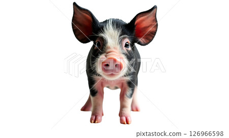 A cute Vietnamese pot bellied piglet stands facing forward, showcasing its small stature and playful personality. Its large ears and bright eyes reflect curiosity, inviting warmth and attention. A cute Vietnamese pot bellied piglet stands facing forward, showcasing its small stature and playful personality. Its large ears and bright eyes reflect curiosity, inviting warmth and attention. 126966598