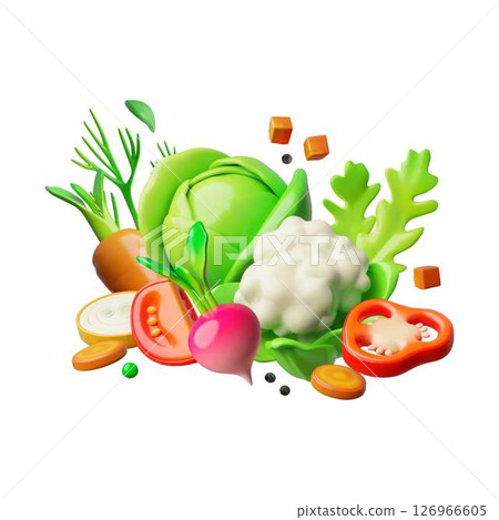 Ripe vegetables with greenery 3D vector composition, volume natural cabbage, beets, onions, peppers, cabbage, carrots 126966605