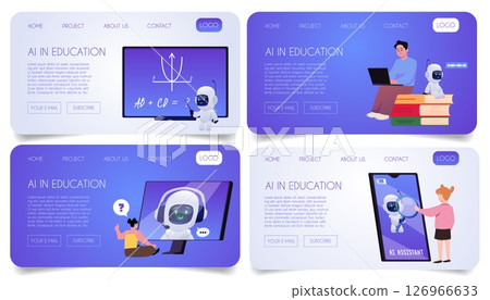AI in education landing page design vector set, students with smartphones, computer online studying with robotic chatbot AI in education landing page design vector set, students with smartphones, computer online studying with robotic chatbot 126966633