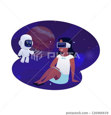 Girl in virtual reality glasses with chatbot robot in space vector illustration, cosmic education robotic technology 126966639