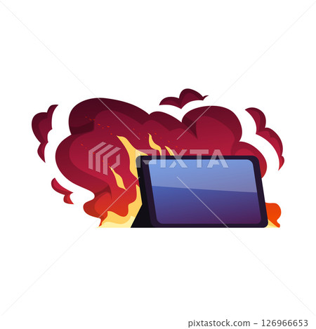 Burning fire electronic device, explosion effect, vector cartoon smartphone, tablet gadget flaming, device detonation 126966653