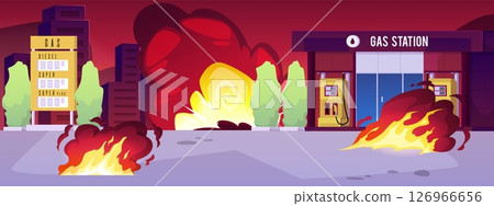 Bomb blast on the gas station, buildings and roads are burning and destroyed, vector flat abandoned flaming cityscape 126966656