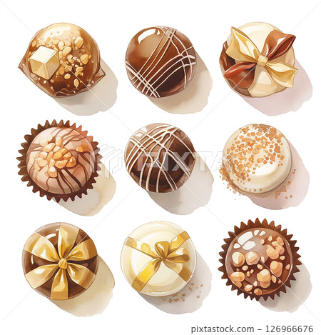 Decadent assortment of handmade chocolates displayed elegantly on a white background Decadent assortment of handmade chocolates displayed elegantly on a white background 126966676