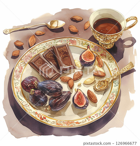 Delightful assortment of sweets and coffee served on an elegant platter with a fine cup Delightful assortment of sweets and coffee served on an elegant platter with a fine cup 126966677