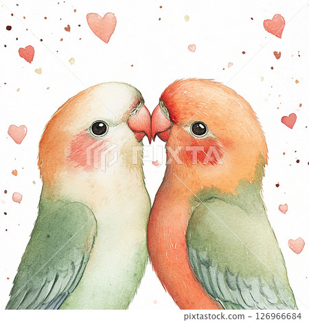 Colorful lovebirds perched together in a tender moment surrounded by hearts and soft splashes of color 126966684