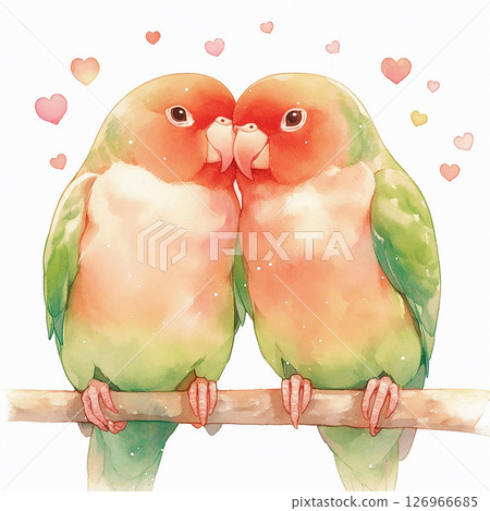 Colorful lovebirds perched together in a tender moment surrounded by hearts and soft splashes of color Colorful lovebirds perched together in a tender moment surrounded by hearts and soft splashes of color 126966685