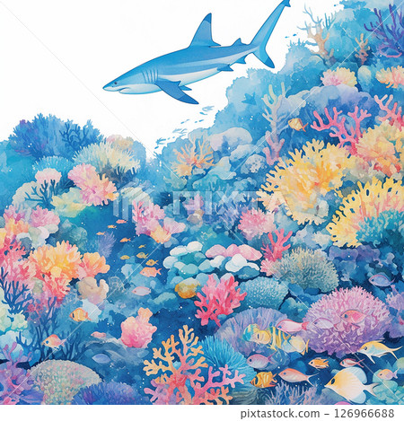 Colorful coral reef ecosystem with a shark swimming gracefully in crystal clear water 126966688