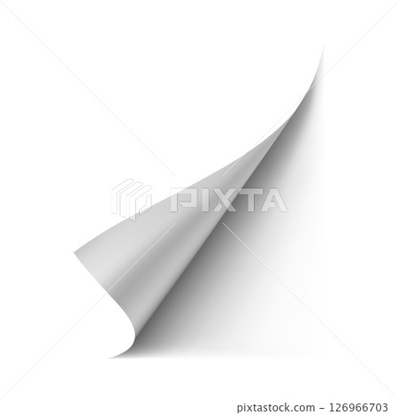 Twisted paper corner vector overlay effect, white paper page turning edge curl corner, realistic bent sheet with shadow 126966703