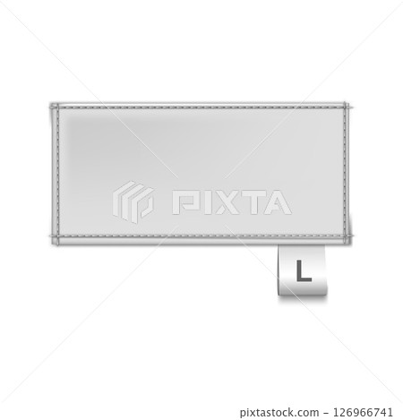 Textile label with stitching around the perimeter and size tag (L) at the bottom. 126966741